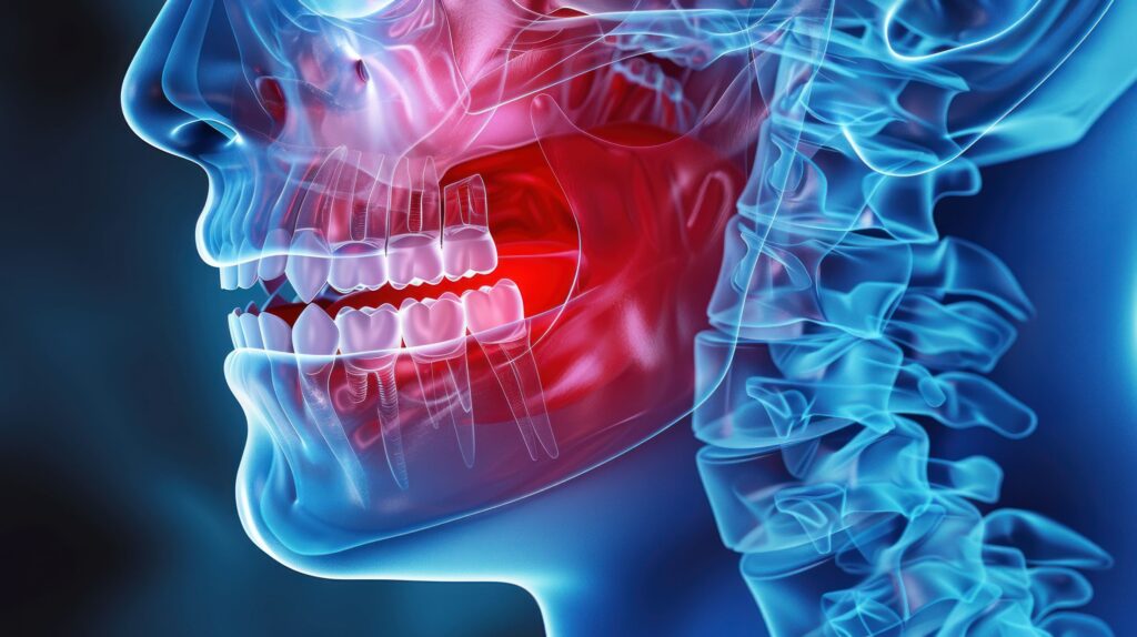 Blue and red x-ray rendering of a jawbone with dental implants and natural teeth